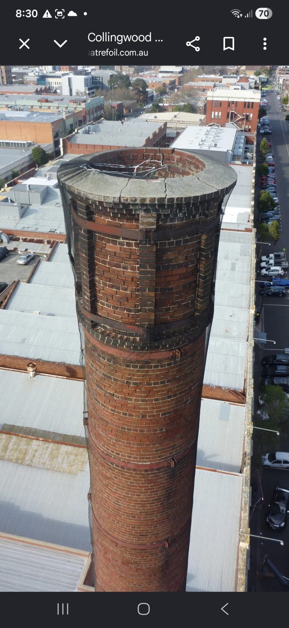 Aerial drone view of the restored 40-metre Collingwood chimney crown