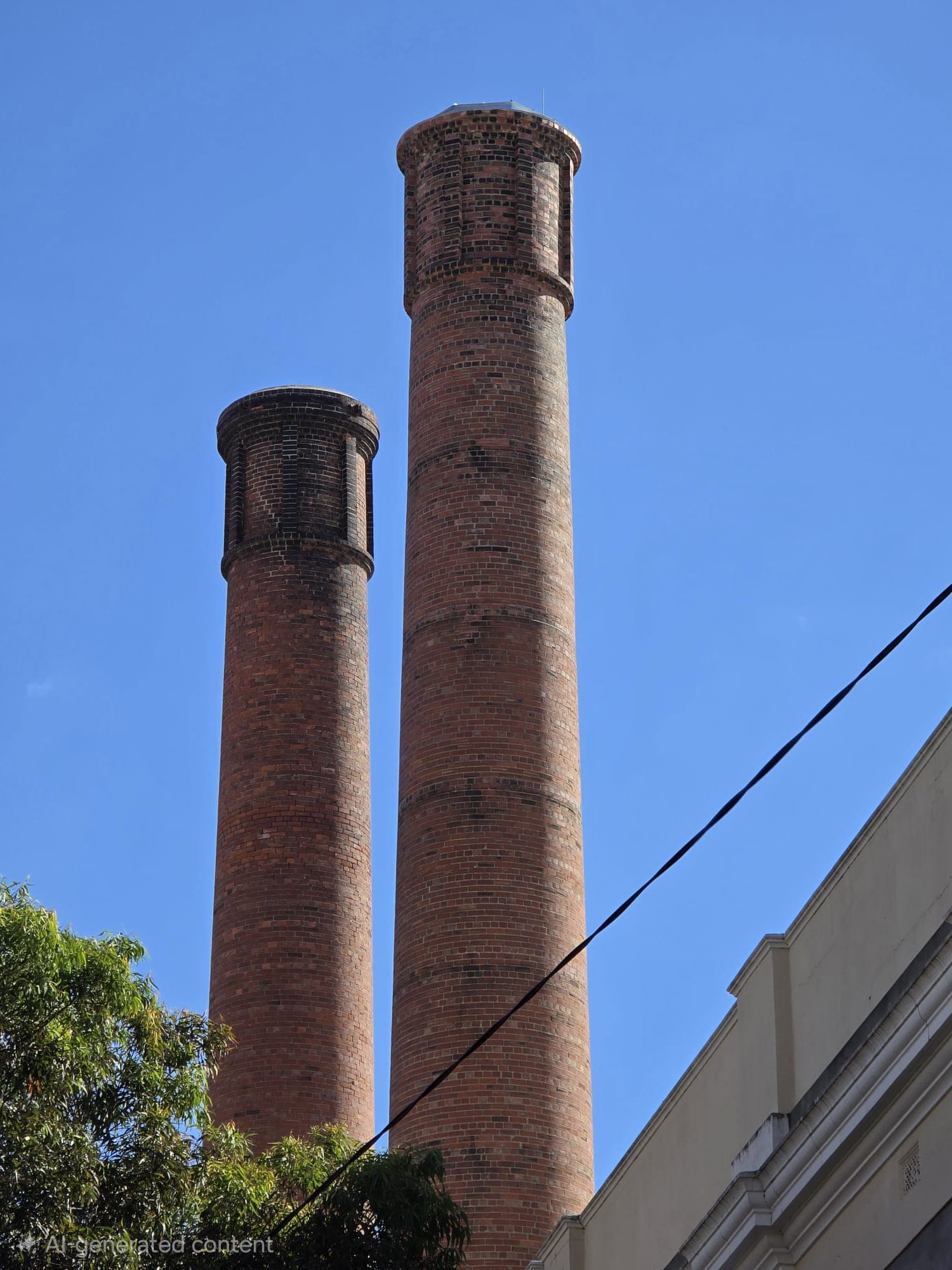 Heritage chimney stacks viewed at street level in Collingwood, Melbourne