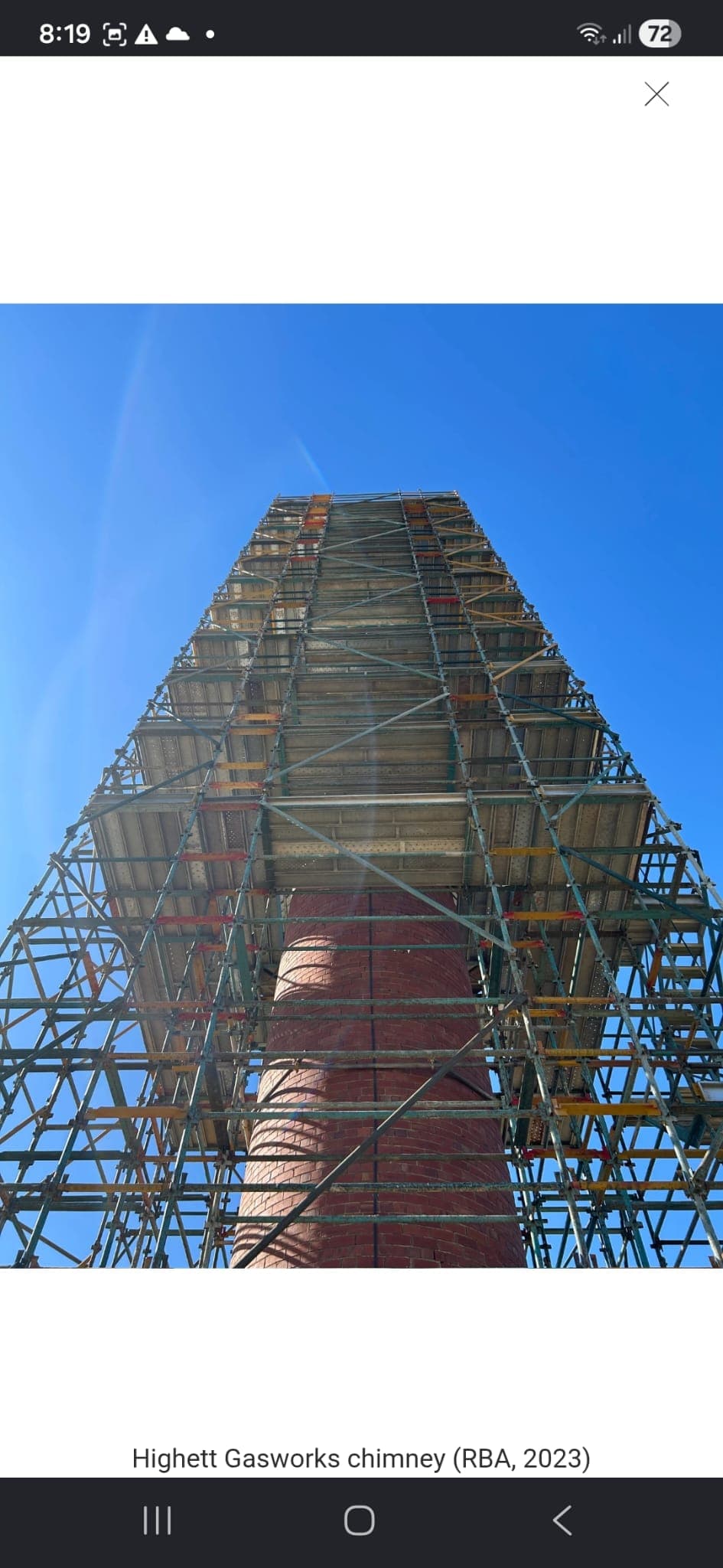Highett Gasworks chimney under full scaffolding during restoration by Goodwin Bricklaying