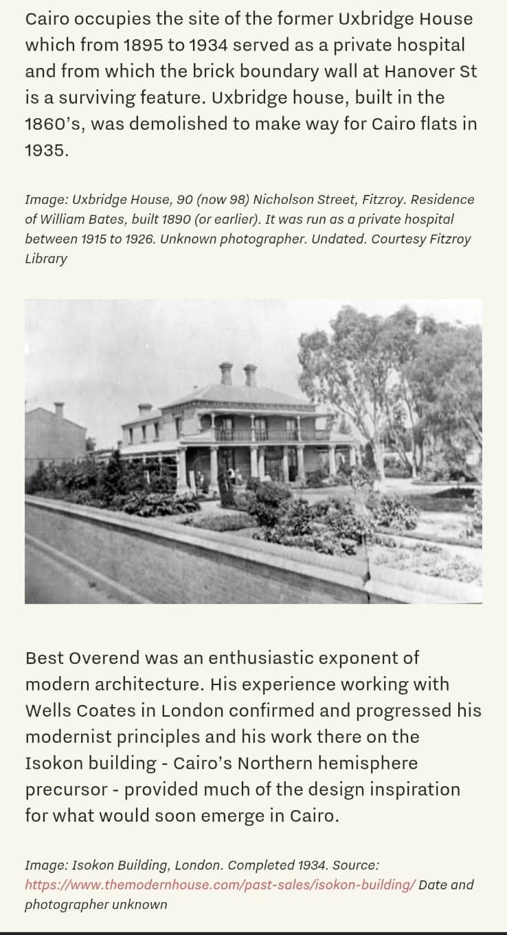 Heritage article describing Uxbridge House, the 1860s Fitzroy residence and private hospital whose Hanover Street brick boundary wall survives at the Cairo flats