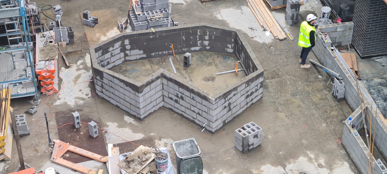 Aerial view of geometric commercial blockwork walls by Goodwin Bricklaying